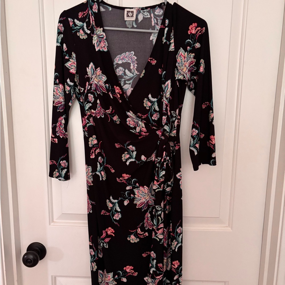 ANNE KLEIN Floral Wrap Dress - Black and Pink